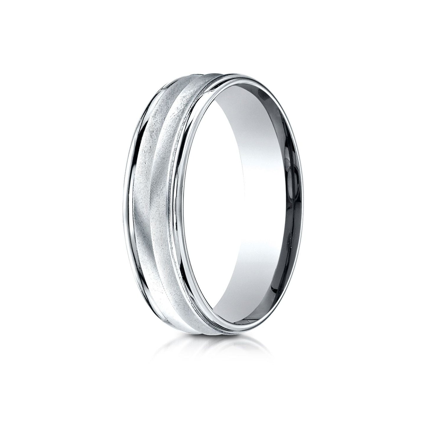 6mm High Polish Round Edge Carved Wedding Band, in 18K White Gold | RockHer