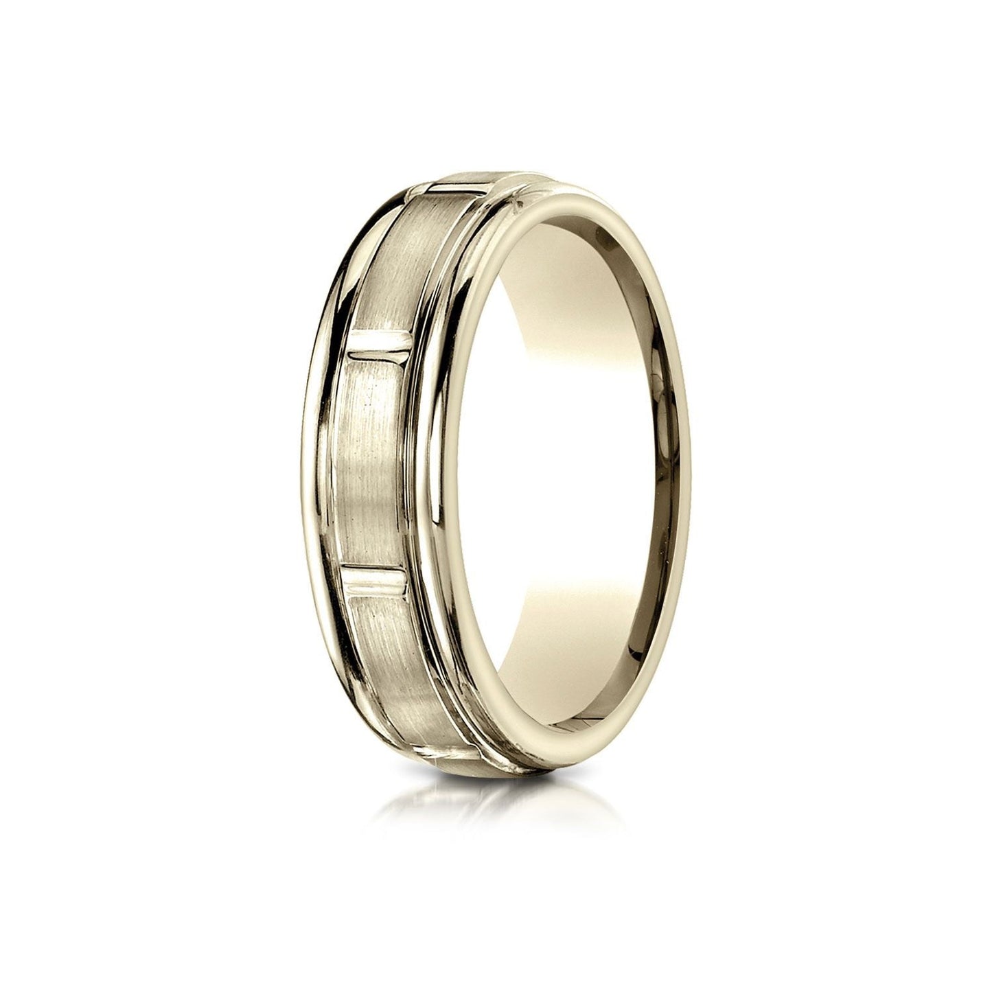 6mm Satin Finish High Polished Center Cut Carved Wedding Band, in 18K Yellow Gold | RockHer