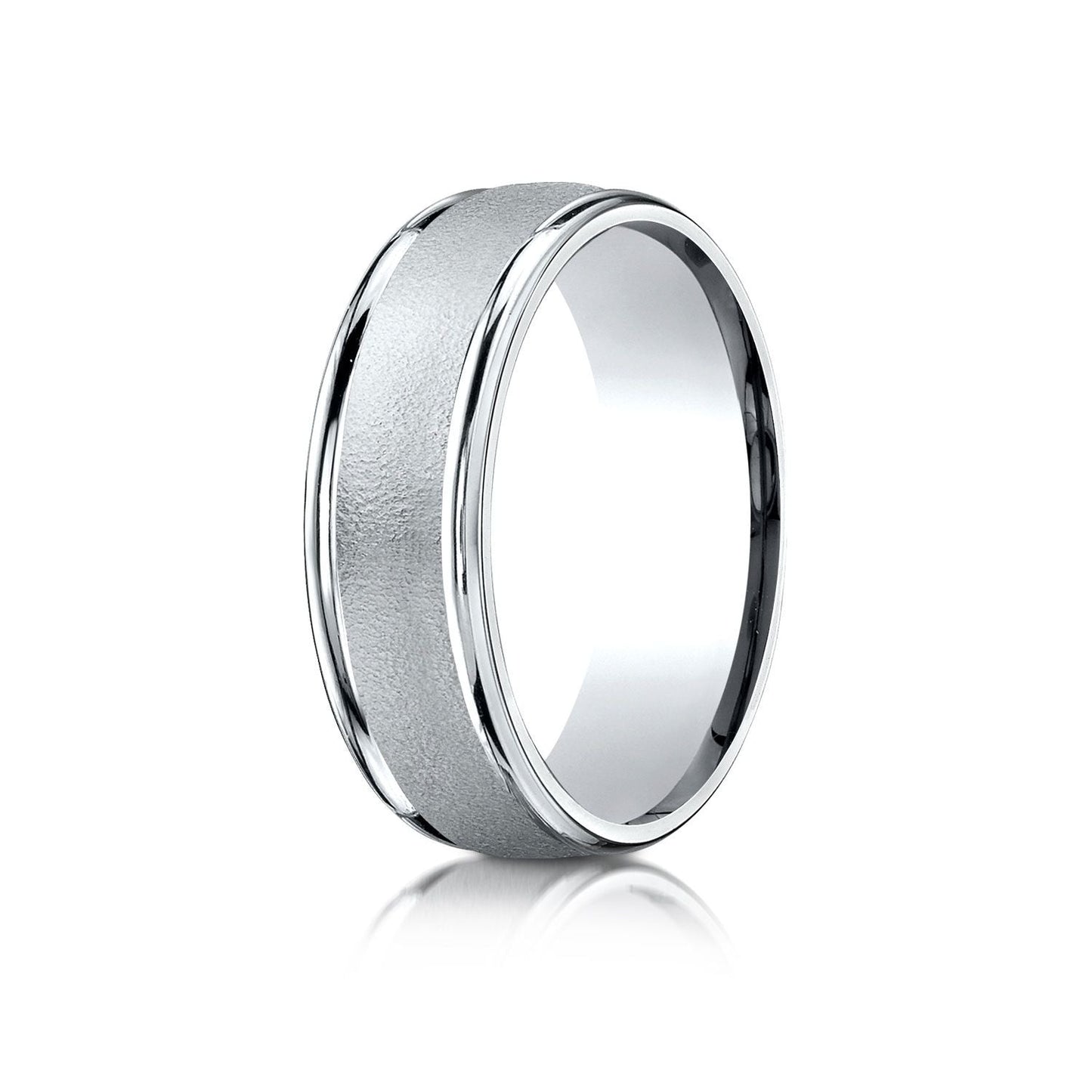 7mm Wired Finish High Polished Round Edge Carved Wedding Band, in 18K White Gold | RockHer