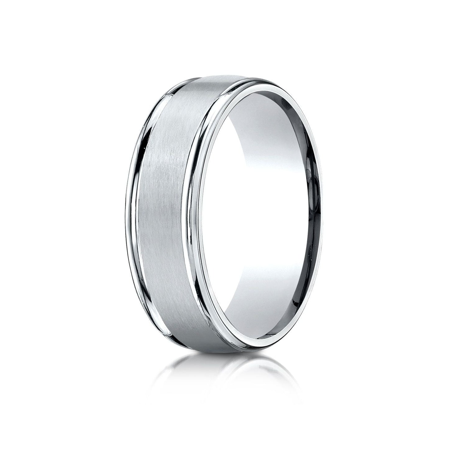 7mm Satin Finish High Polished Round Edge Carved Wedding Band, in 18K White Gold | RockHer