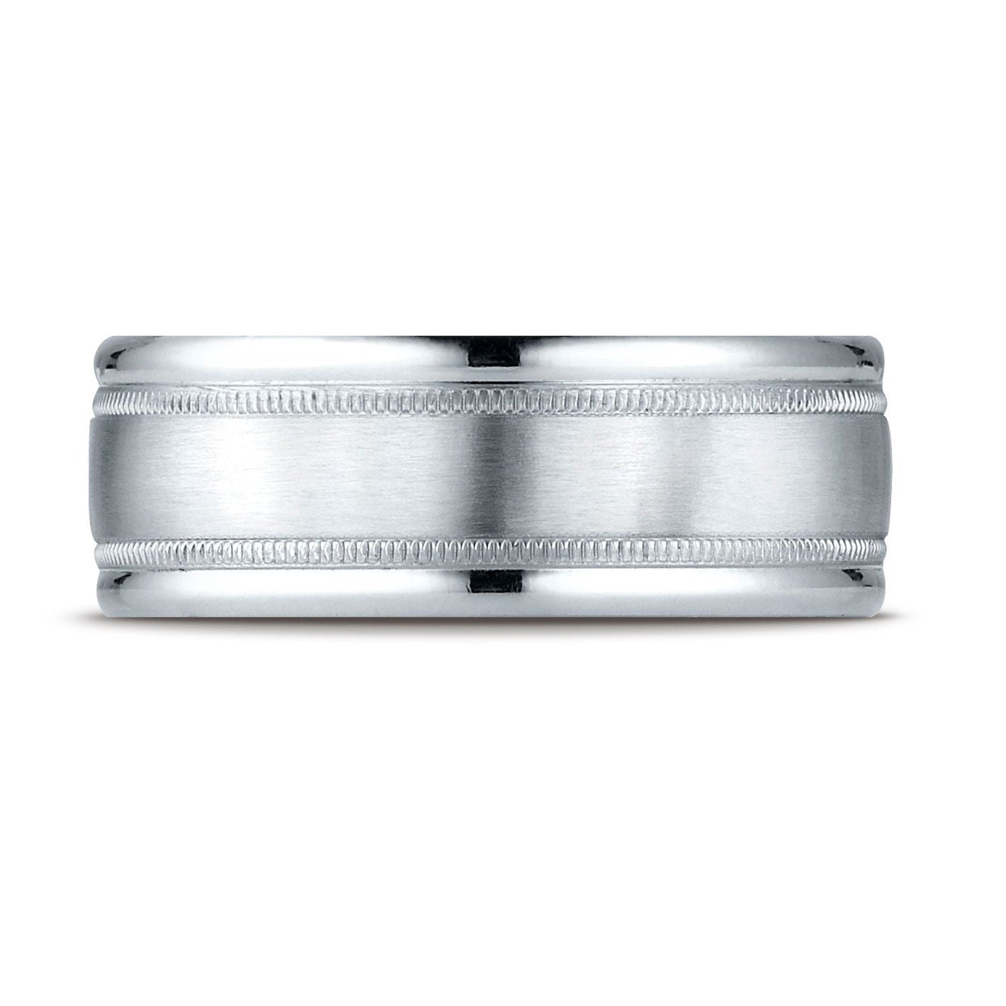 8mm Satin Finish Milgrain Round Edge Carved Wedding Band, in Platinum | RockHer