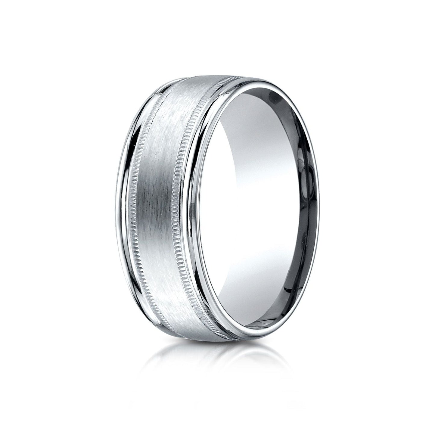 8mm Satin Finish Milgrain Round Edge Carved Wedding Band, in 18K White Gold | RockHer