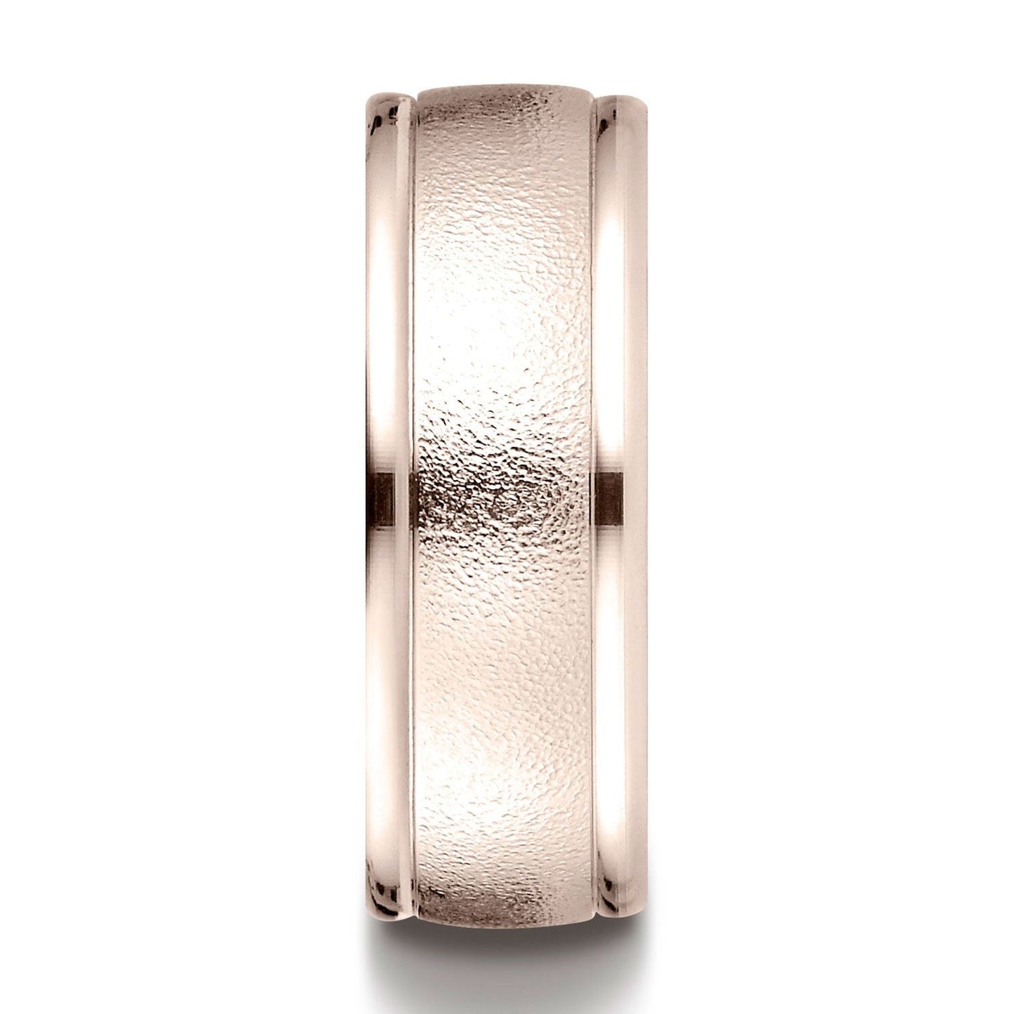 14k Rose Gold 8mm Comfort-fit Wire Brush Finish High Polished Round Edge Carved Design Band