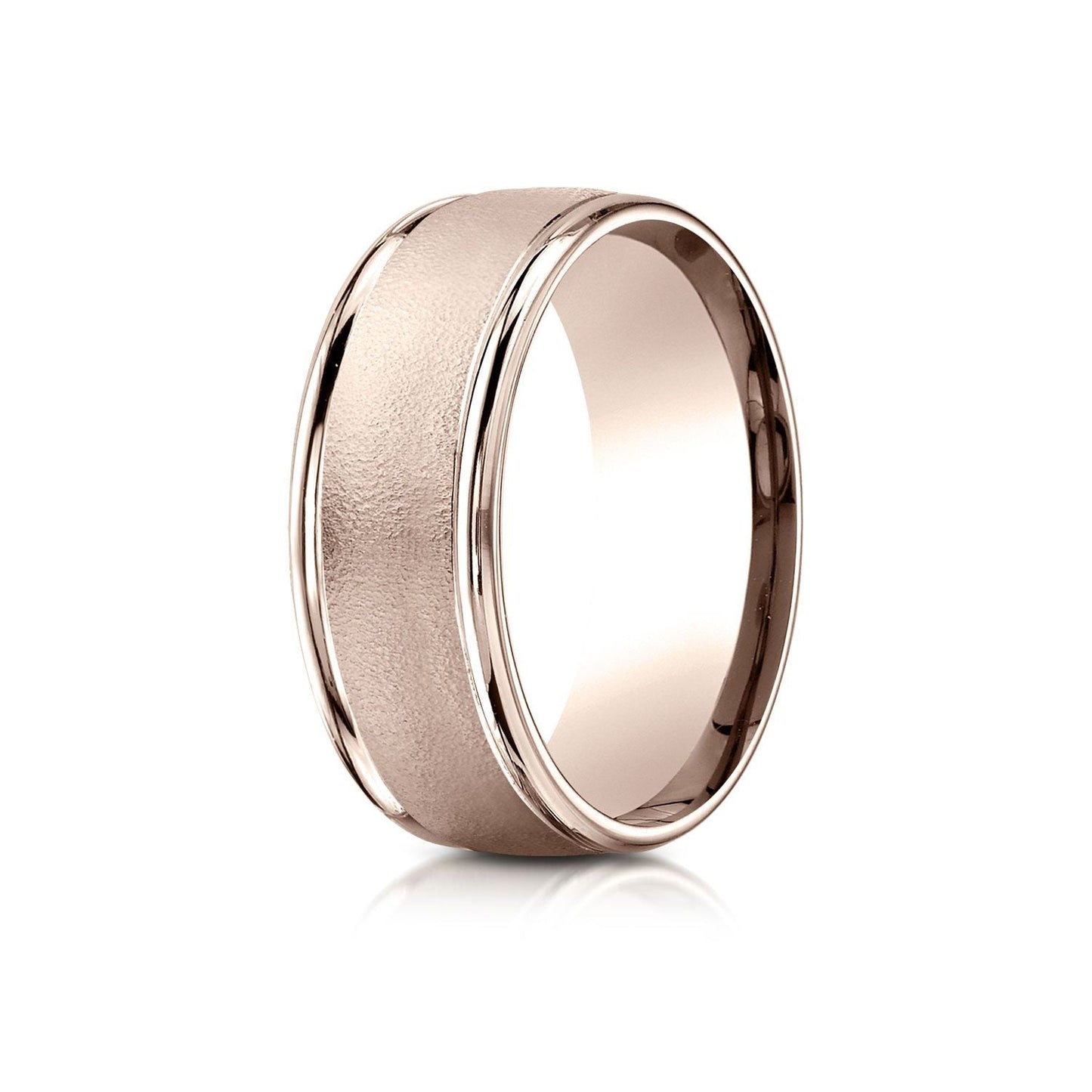 8mm Wire Brush High Polished Round Edge Carved Wedding Band, in 14K Rose Gold | RockHer