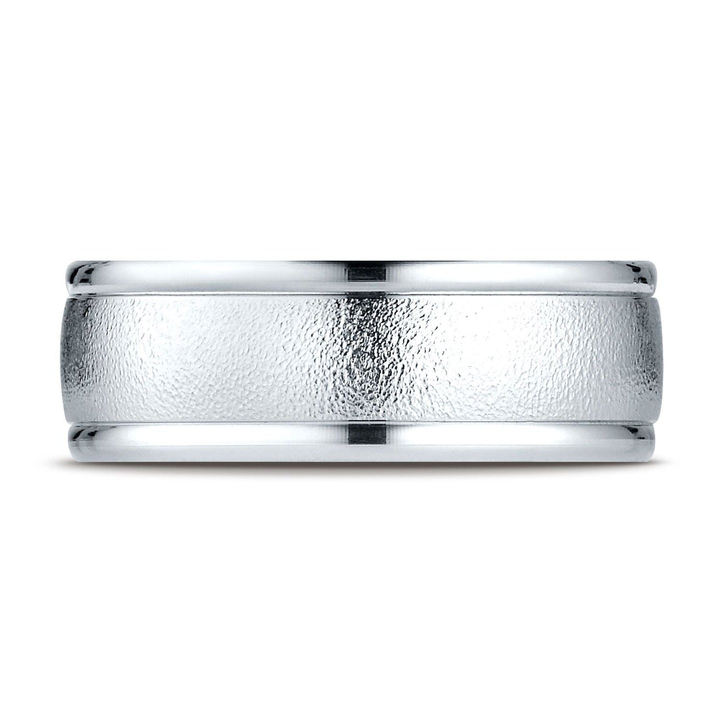 8mm Wire Brush High Polished Round Edge Carved Wedding Band, in Platinum | RockHer