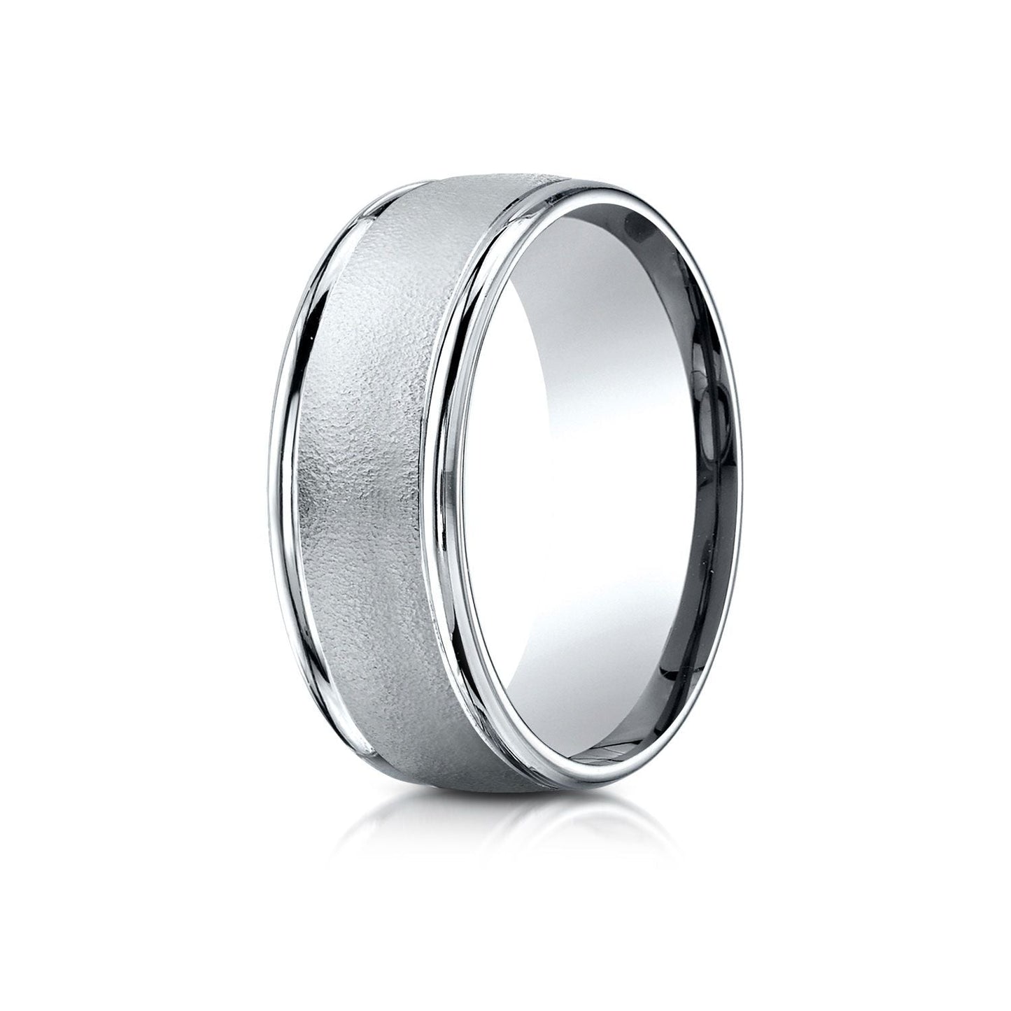 8mm Wire Brush High Polished Round Edge Carved Wedding Band, in 18K White Gold | RockHer