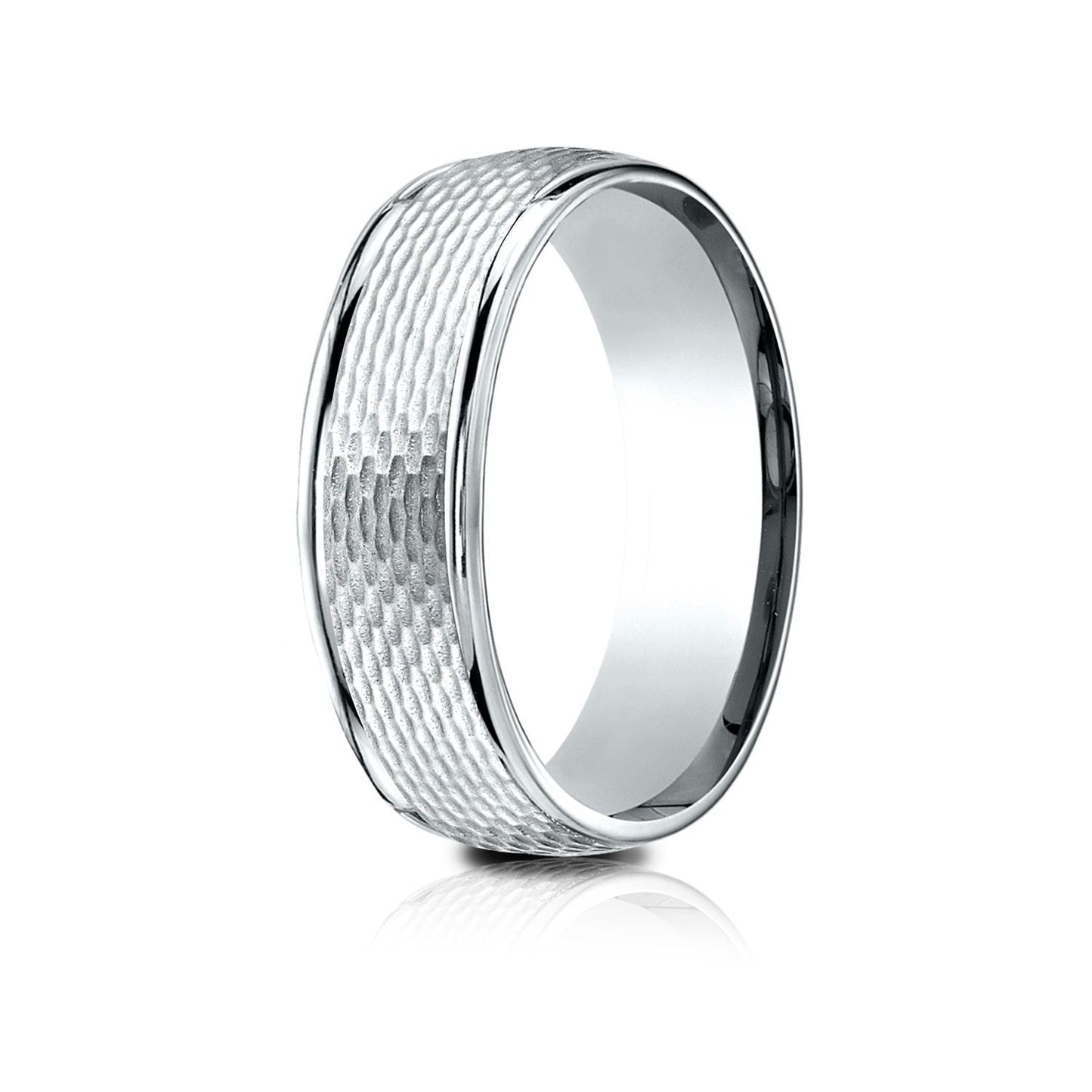 7.5mm Round Edge Mesh Center Carved Wedding Band, in 18K White Gold | RockHer