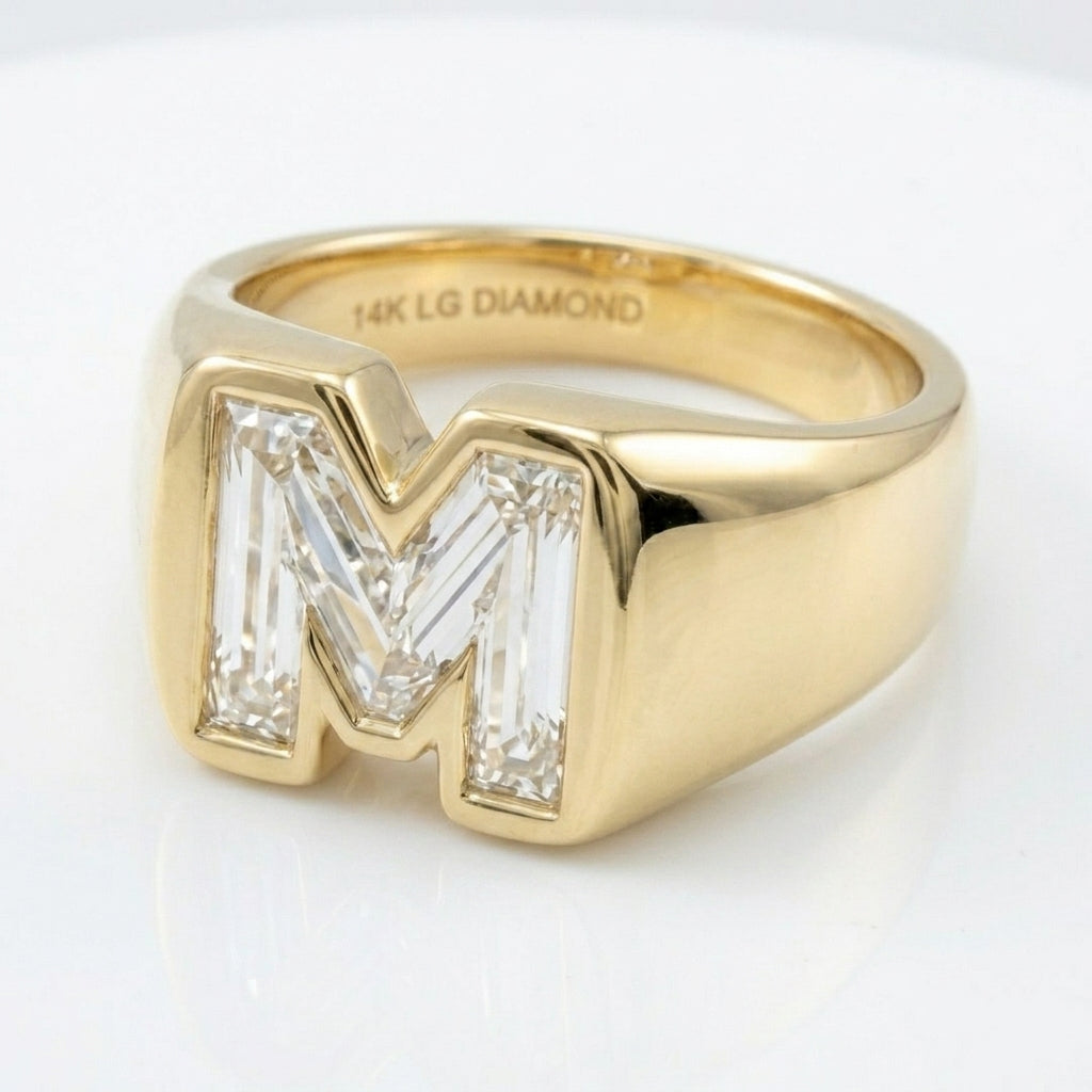 Women's Round lab-grown diamond letter signet ring in 14K Yellow Gold, letter M, product photography