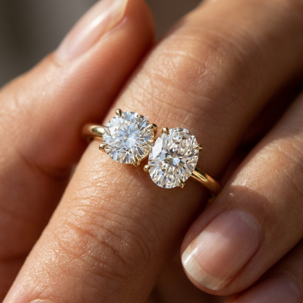 14K Yellow Gold Sasha Toi et Moi Select Round & Oval Lab Diamond Engagement Ring - Macro close-up on finger