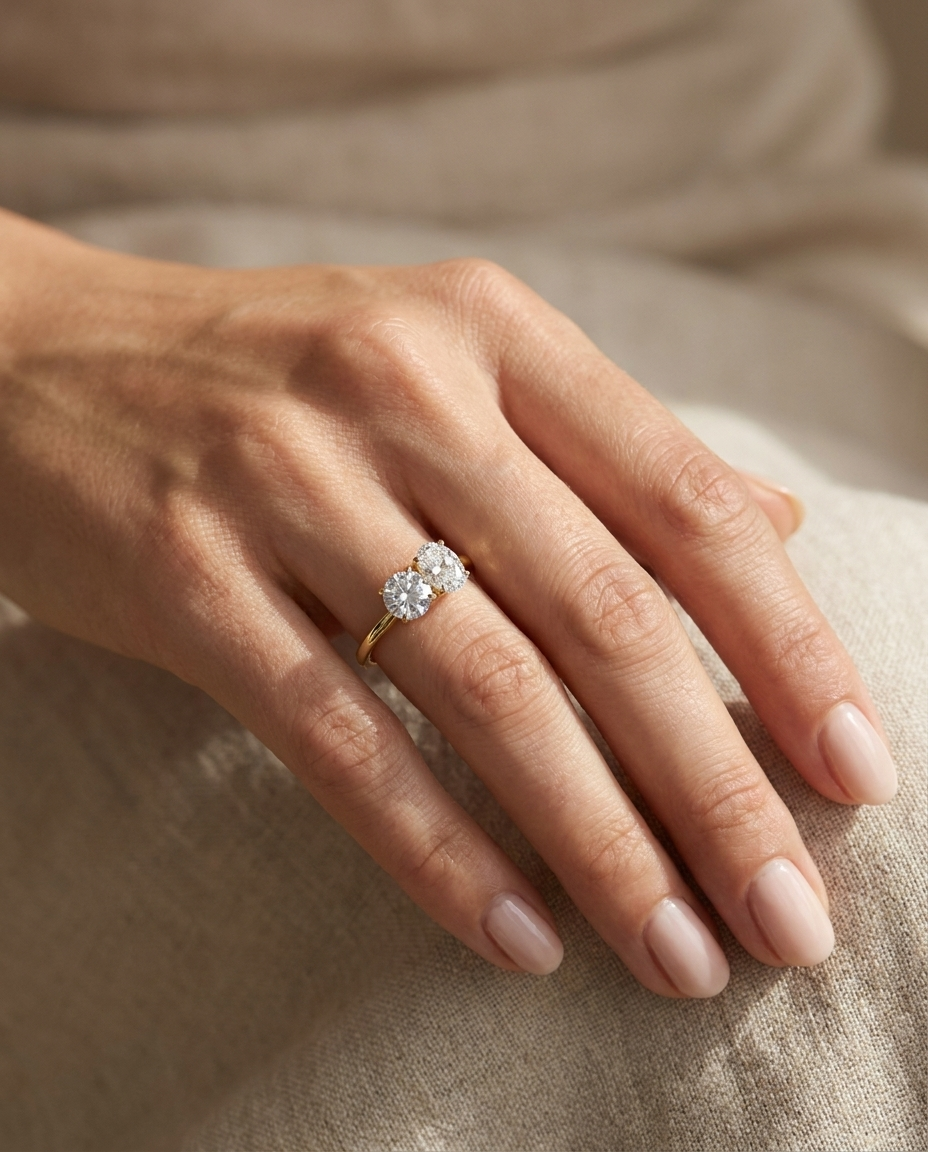 18K Yellow Gold Sasha Toi et Moi Select Round & Oval Lab Diamond Engagement Ring - Ring on hand model