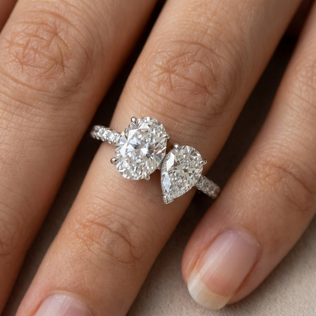 14K White Gold Selena Select Toi et Moi Oval & Pear Pavé Band Lab Diamond Engagement Ring - Macro close-up on finger