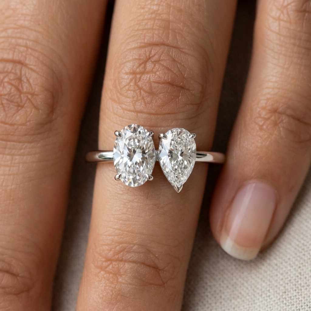 14K White Gold Solange Toi et Moi Select Oval & Pear Lab Diamond Engagement Ring - Macro close-up on finger
