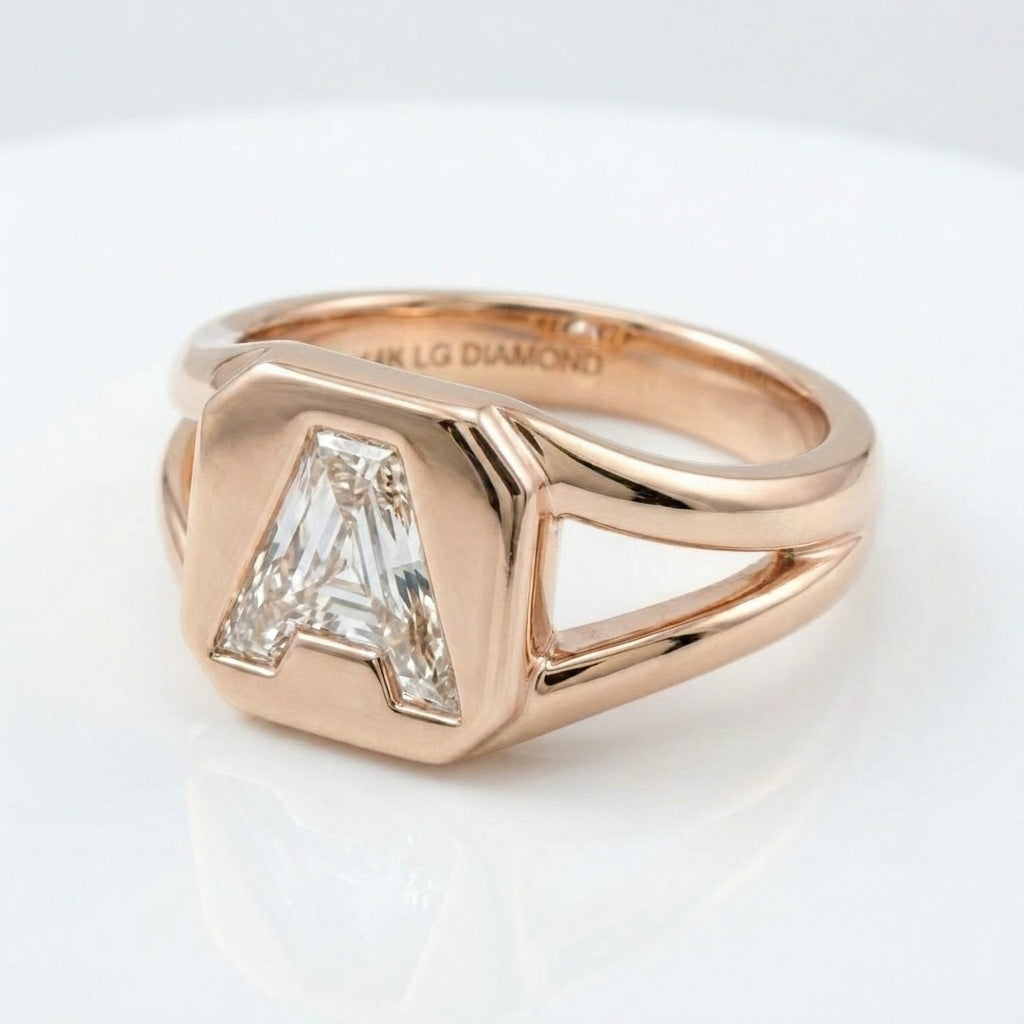 Women's Split Shank lab-grown diamond letter signet ring in 14K Rose Gold, letter A, product photography