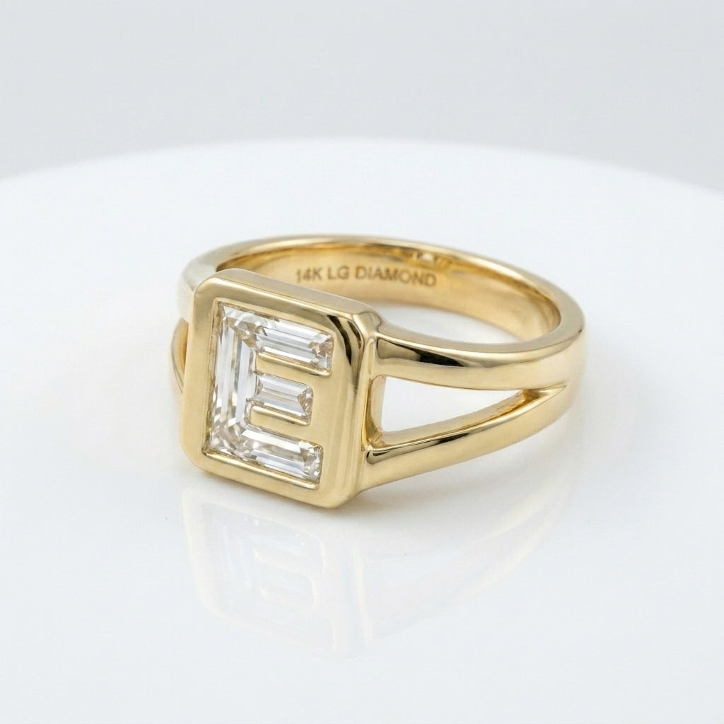 Women's Split Shank lab-grown diamond letter signet ring in 14K Yellow Gold, letter E, product photography