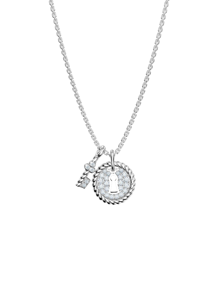 ROCKHER.925 Sterling Silver White Cubic Zirconia Halo Lock and Dangling Key Charm Pendant Necklace - 18" – side profile | RockHer