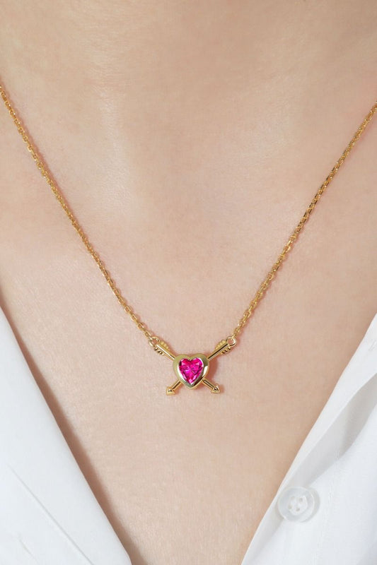 ROCKHER .925 Sterling Silver Created Pink Heart Sapphire Double Arrow Charm Pendant Necklace - 18"