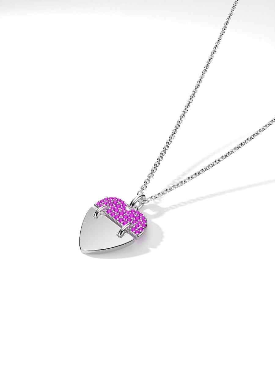 ROCKHER.925 Sterling Silver Created Pink Sapphire Movable Dangle Heart Charm Pendant Necklace - 18" – side profile | RockHer