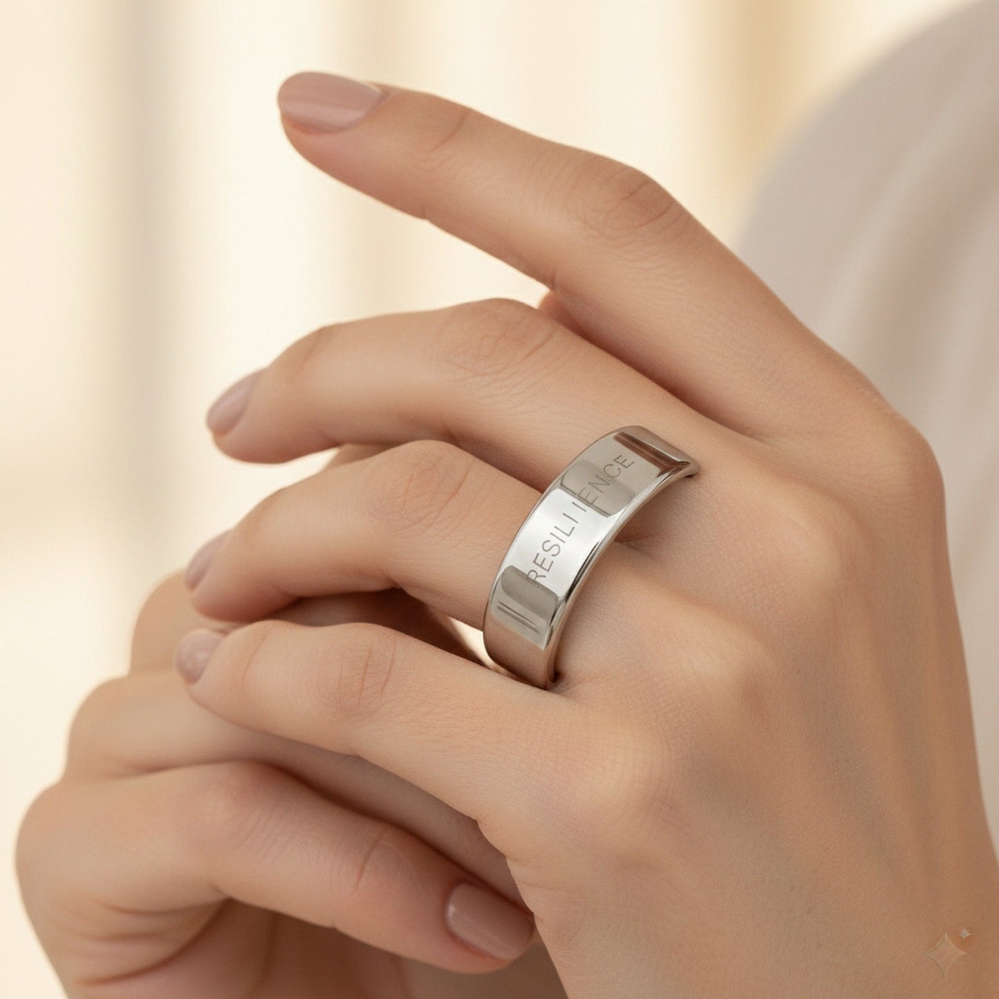 RESILIENCE engraved 14K White Gold Oura Ring cover worn on hand