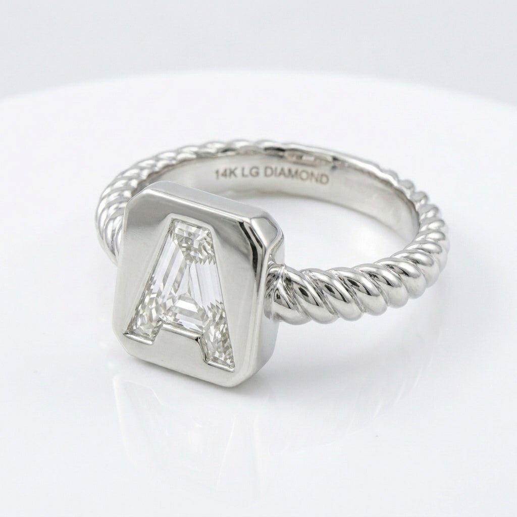Women's Twisted Band lab-grown diamond letter signet ring in 14K White Gold, letter A, product photography