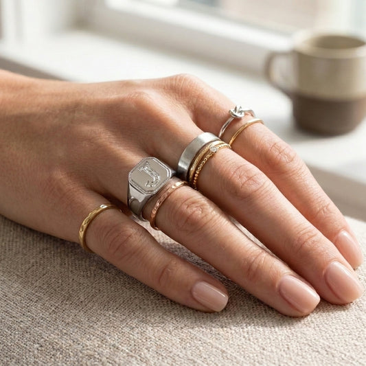 Women's Vintage Milgrain lab-grown diamond letter signet ring in Platinum, letter J, worn on hand
