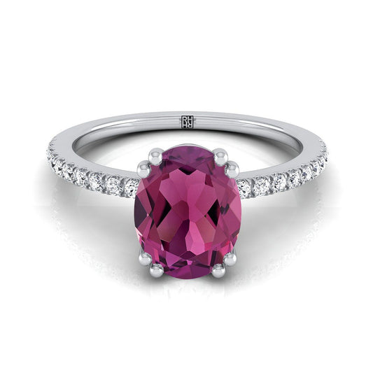 14K White Gold Oval Garnet Simple French Pave Double Claw Prong Diamond Engagement Ring -1/6ctw