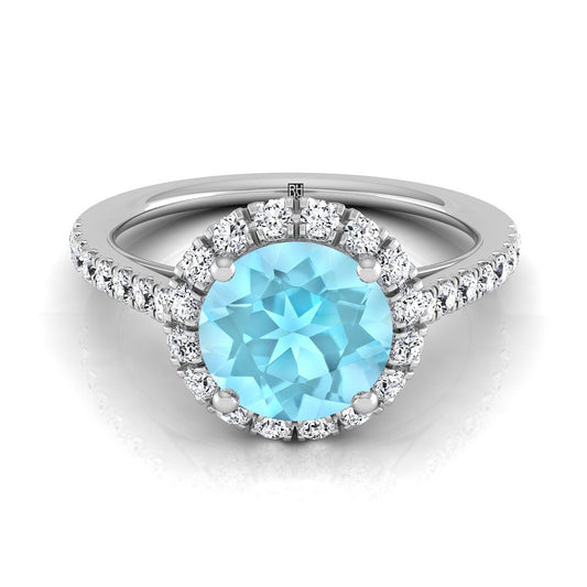 Platinum Round Brilliant Aquamarine Petite Halo French Diamond Pave Engagement Ring -3/8ctw