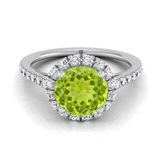 14K White Gold Round Brilliant Peridot Petite Halo French Diamond Pave Engagement Ring -3/8ctw