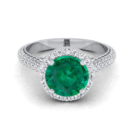 Platinum Round Brilliant Emerald Micro-Pavé Halo With Pave Side Diamond Engagement Ring -7/8ctw