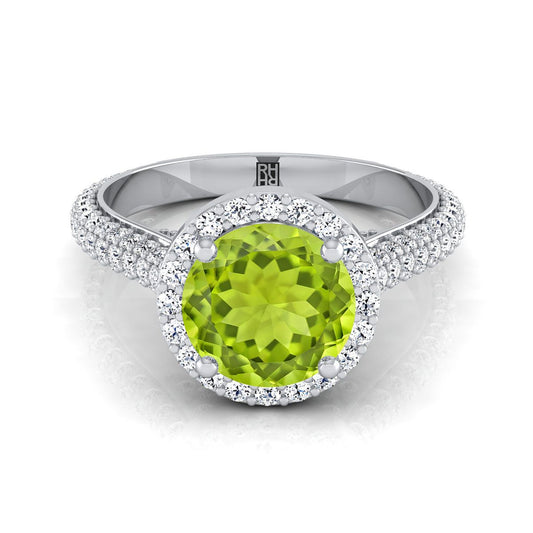 Platinum Round Brilliant Peridot Micro-Pavé Halo With Pave Side Diamond Engagement Ring -7/8ctw
