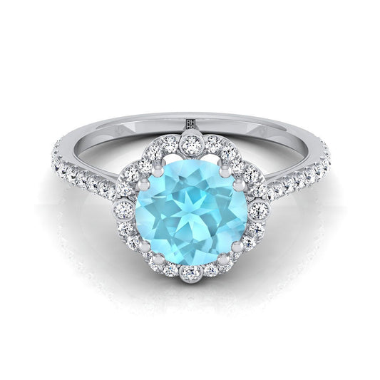 Platinum Round Brilliant Aquamarine Ornate Diamond Halo Vintage Inspired Engagement Ring -1/4ctw