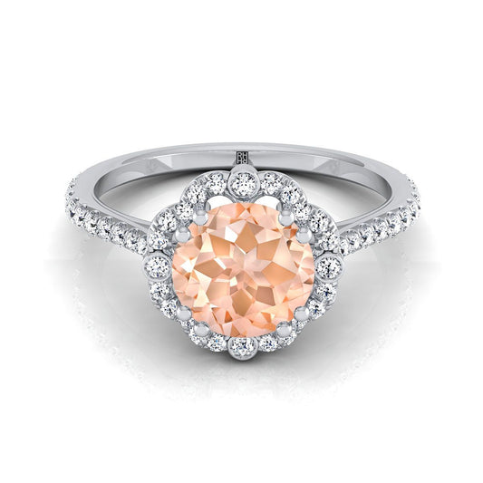 Platinum Round Brilliant Morganite Ornate Diamond Halo Vintage Inspired Engagement Ring -1/4ctw