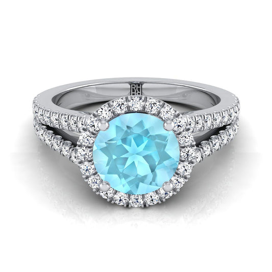 Platinum Round Brilliant Aquamarine Halo Center with French Pave Split Shank Engagement Ring -3/8ctw