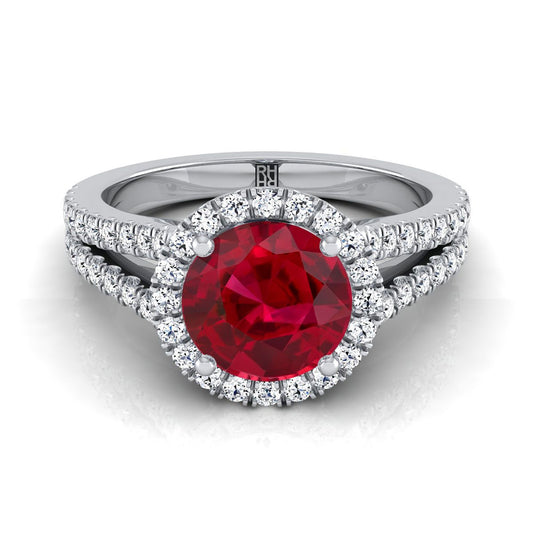 14K White Gold Round Brilliant Ruby Halo Center with French Pave Split Shank Engagement Ring -3/8ctw