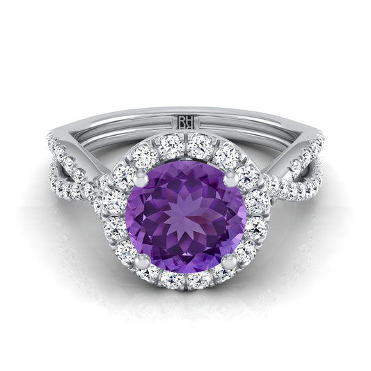 Platinum Round Brilliant Amethyst Twisted Scalloped Pavé Diamonds Halo Engagement Ring -1/2ctw