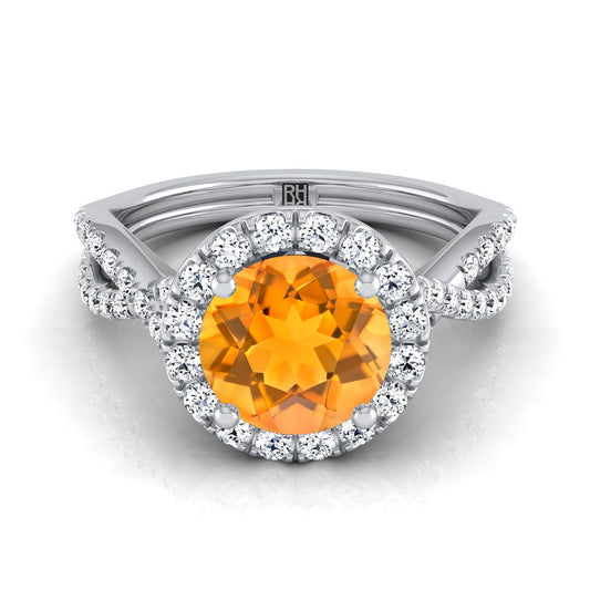14K White Gold Round Brilliant Citrine Twisted Scalloped Pavé Diamonds Halo Engagement Ring -1/2ctw