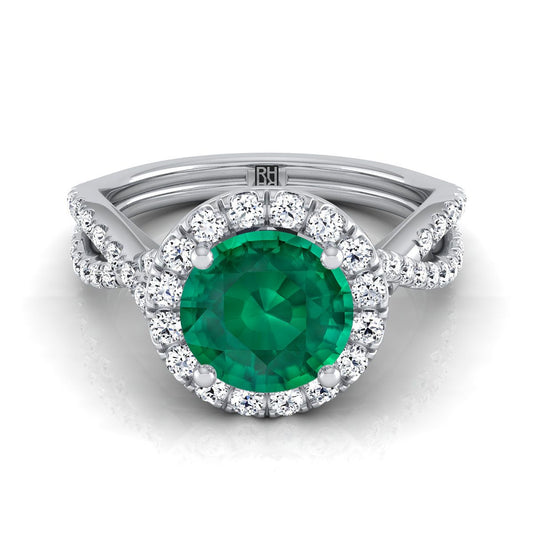 14K White Gold Round Brilliant Emerald Twisted Scalloped Pavé Diamonds Halo Engagement Ring -1/2ctw