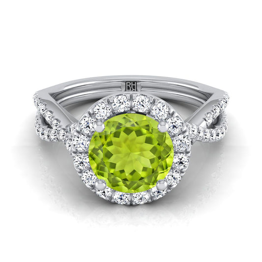 14K White Gold Round Brilliant Peridot Twisted Scalloped Pavé Diamonds Halo Engagement Ring -1/2ctw