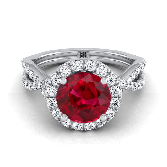 14K White Gold Round Brilliant Ruby Twisted Scalloped Pavé Diamonds Halo Engagement Ring -1/2ctw