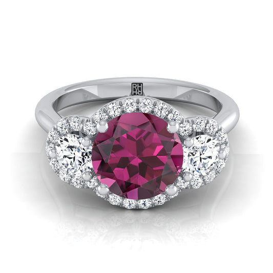 18K White Gold Round Brilliant Garnet French Pave Diamond Three Stone Engagement Ring -1/2ctw