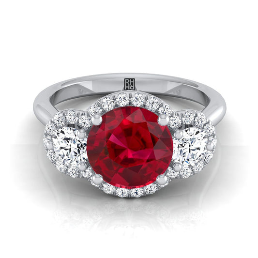 14K White Gold Round Brilliant Ruby French Pave Diamond Three Stone Engagement Ring -1/2ctw