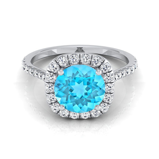 14K White Gold Round Brilliant Swiss Blue Topaz Shared Prong Diamond Halo Engagement Ring -3/8ctw