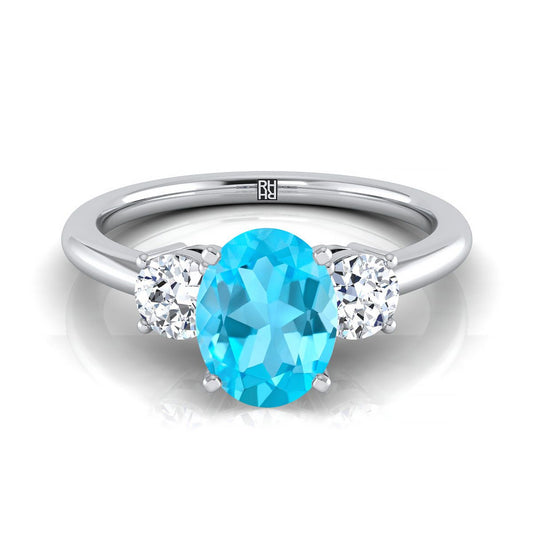 Platinum Oval Swiss Blue Topaz Perfectly Matched Round Three Stone Diamond Engagement Ring -1/4ctw