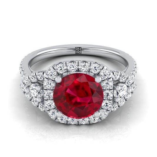 14K White Gold Round Brilliant Ruby Delicate Three Stone Halo Pave Diamond Engagement Ring -5/8ctw