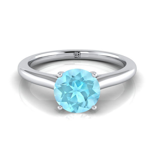 18K White Gold Round Brilliant Aquamarine Pinched Comfort Fit Claw Prong Solitaire Engagement Ring