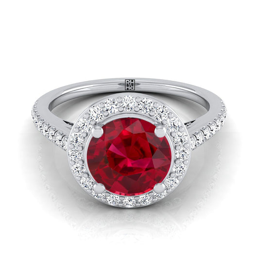 14K White Gold Round Brilliant Ruby French Pave Halo Secret Gallery Diamond Engagement Ring -3/8ctw