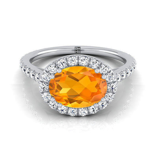 14K White Gold Oval Citrine Horizontal Fancy East West Diamond Halo Engagement Ring -1/2ctw