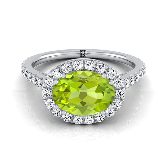 14K White Gold Oval Peridot Horizontal Fancy East West Diamond Halo Engagement Ring -1/2ctw