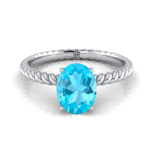 18K White Gold Oval Swiss Blue Topaz Twisted Rope Solitaire With Surprize Diamond Engagement Ring