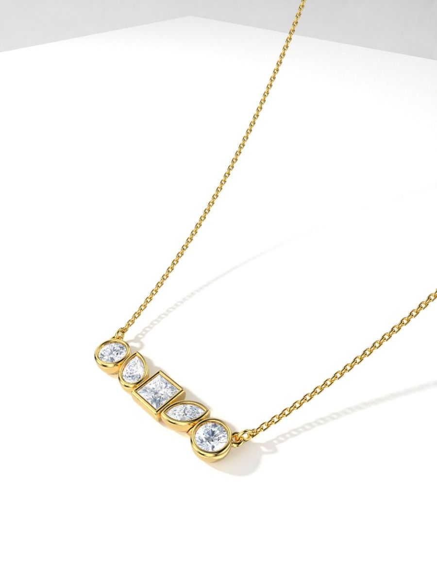 ROCKHER 14K Yellow Plate.925 Sterling Silver Five Fancy White Cubic Zirconia Bezel Set Line Pendant Necklace on 18" Chain – side profile | RockHer