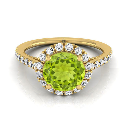 14K Yellow Gold Round Brilliant Peridot Petite Halo French Diamond Pave Engagement Ring -3/8ctw